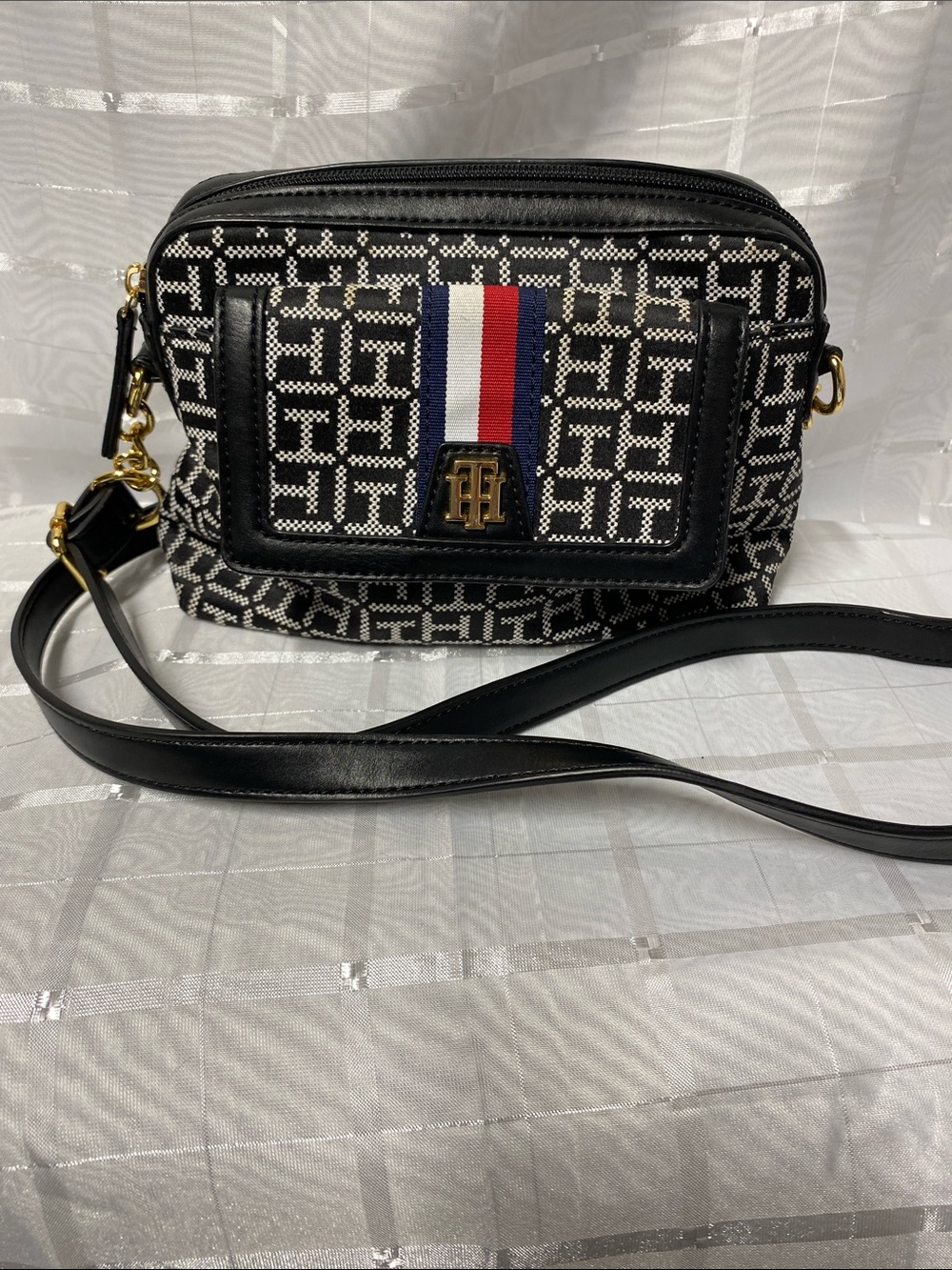 Tommy Hilfiger Black Monogram Crossbody Bag with Signature Stripe
